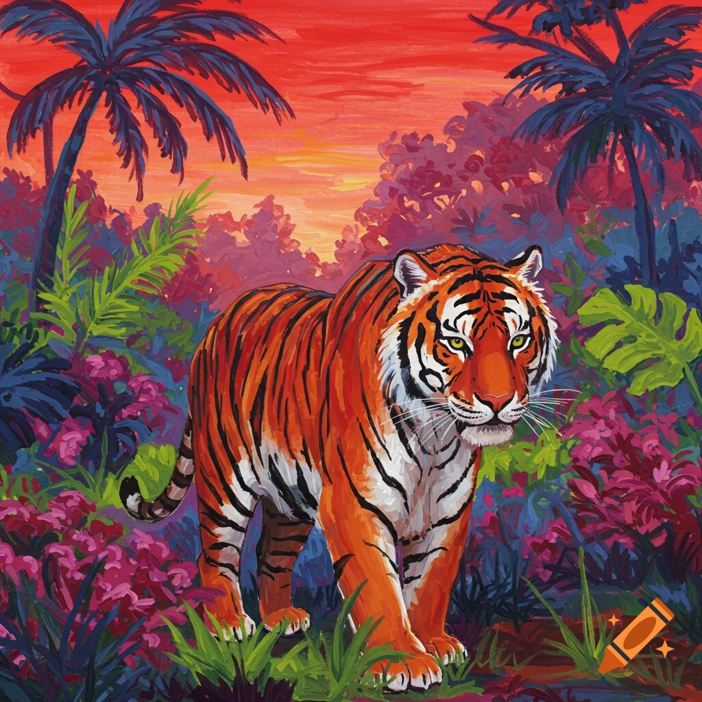 A vibrant Fauvism painting of a tiger walking through a colorful jungle under an orange and red sky.