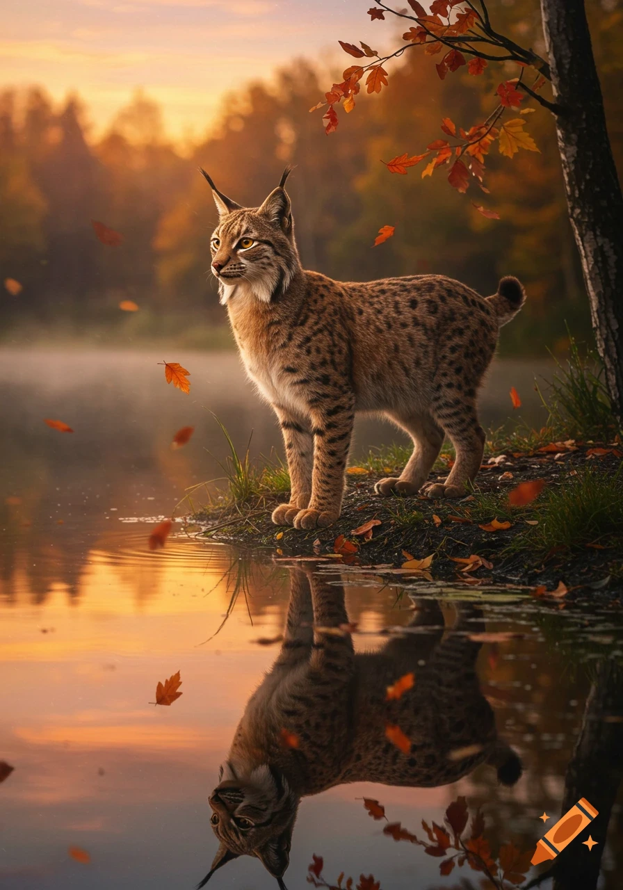 A photorealistic image of a lynx standing by a misty lake with autumn leaves falling at sunset, its reflection visible in the water.