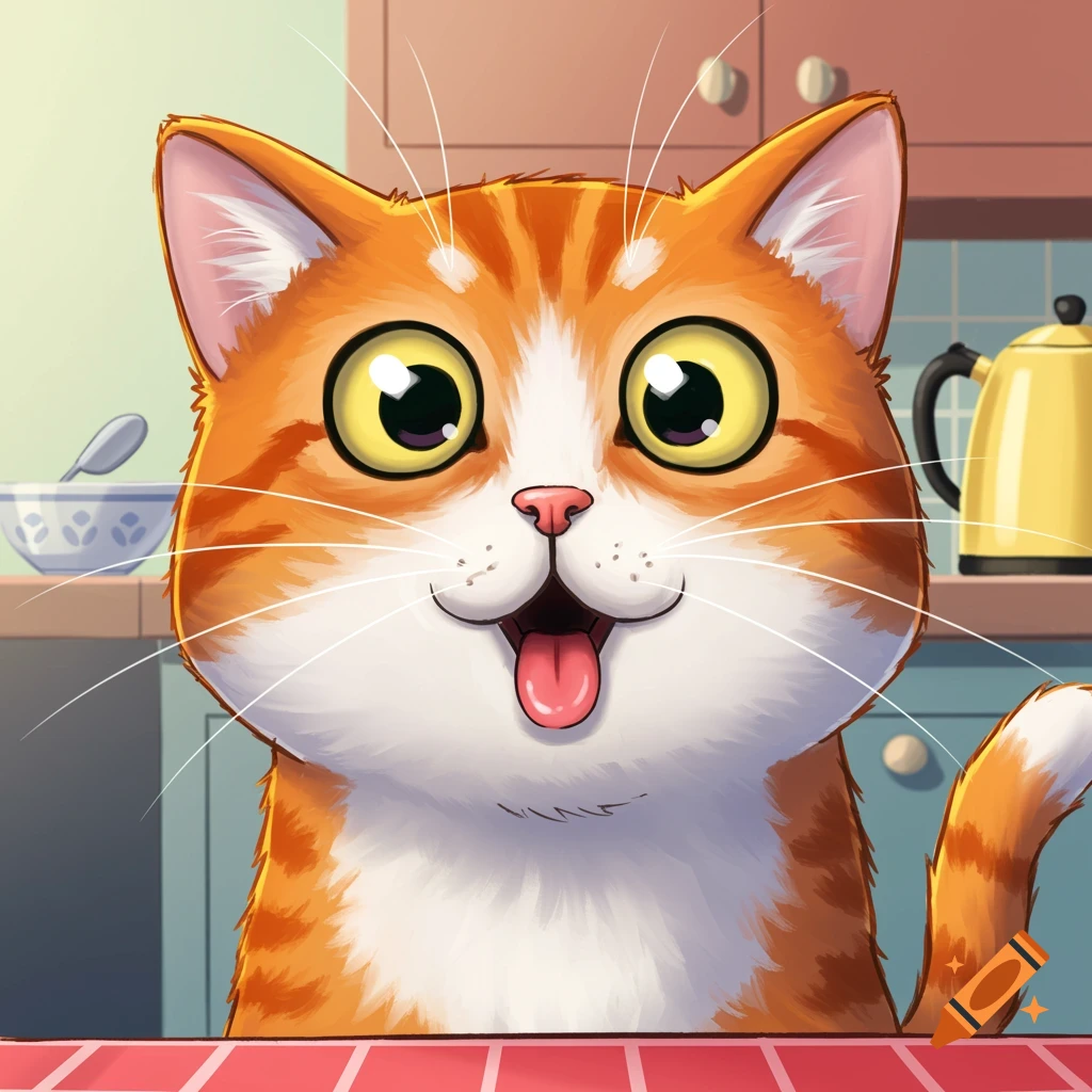 A cartoon close-up of a happy orange and white cat with wide eyes and its tongue sticking out in a kitchen.