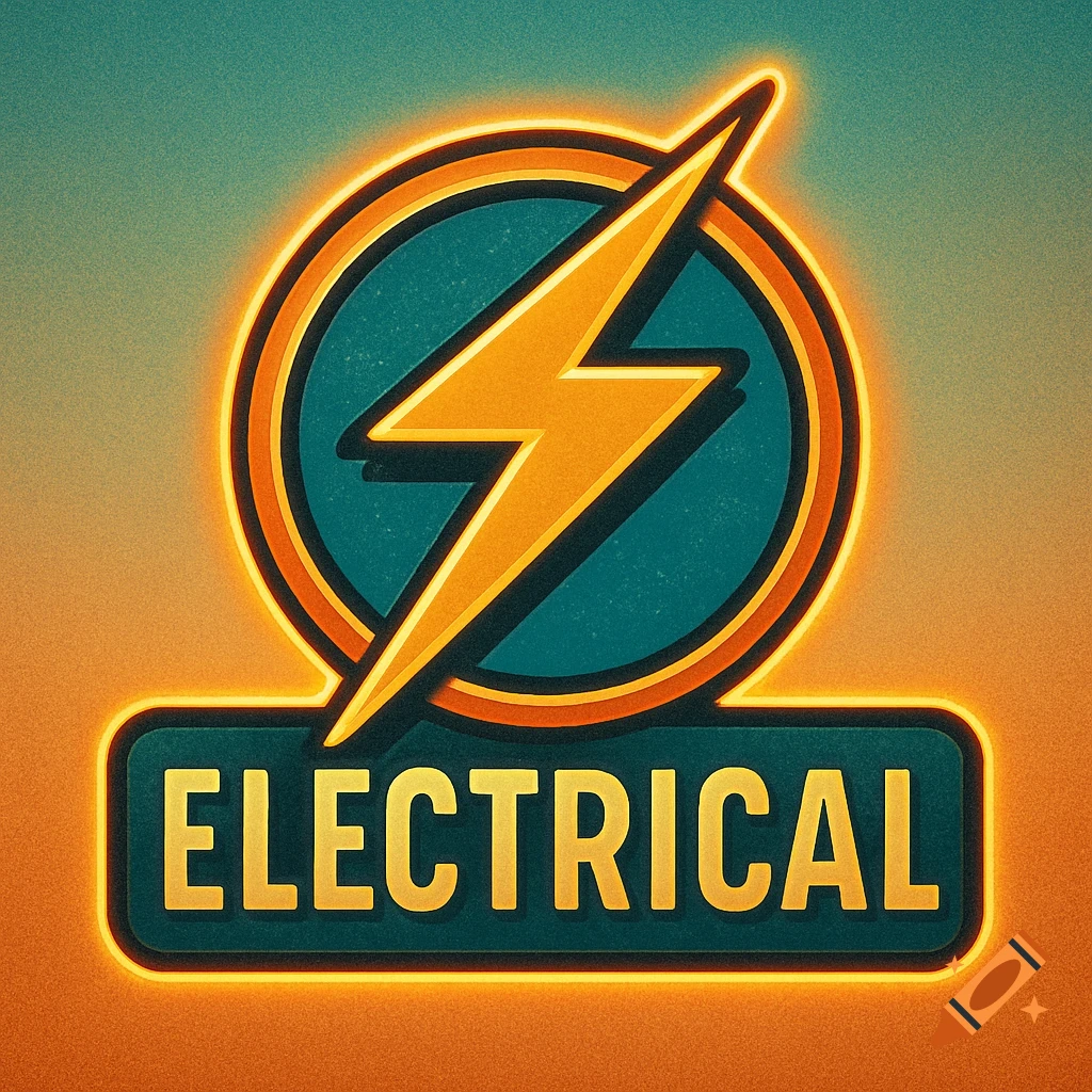 A retro-style electrical logo featuring a yellow lightning bolt in a teal circle above the word 'ELECTRICAL', with a glowing orange neon outline.