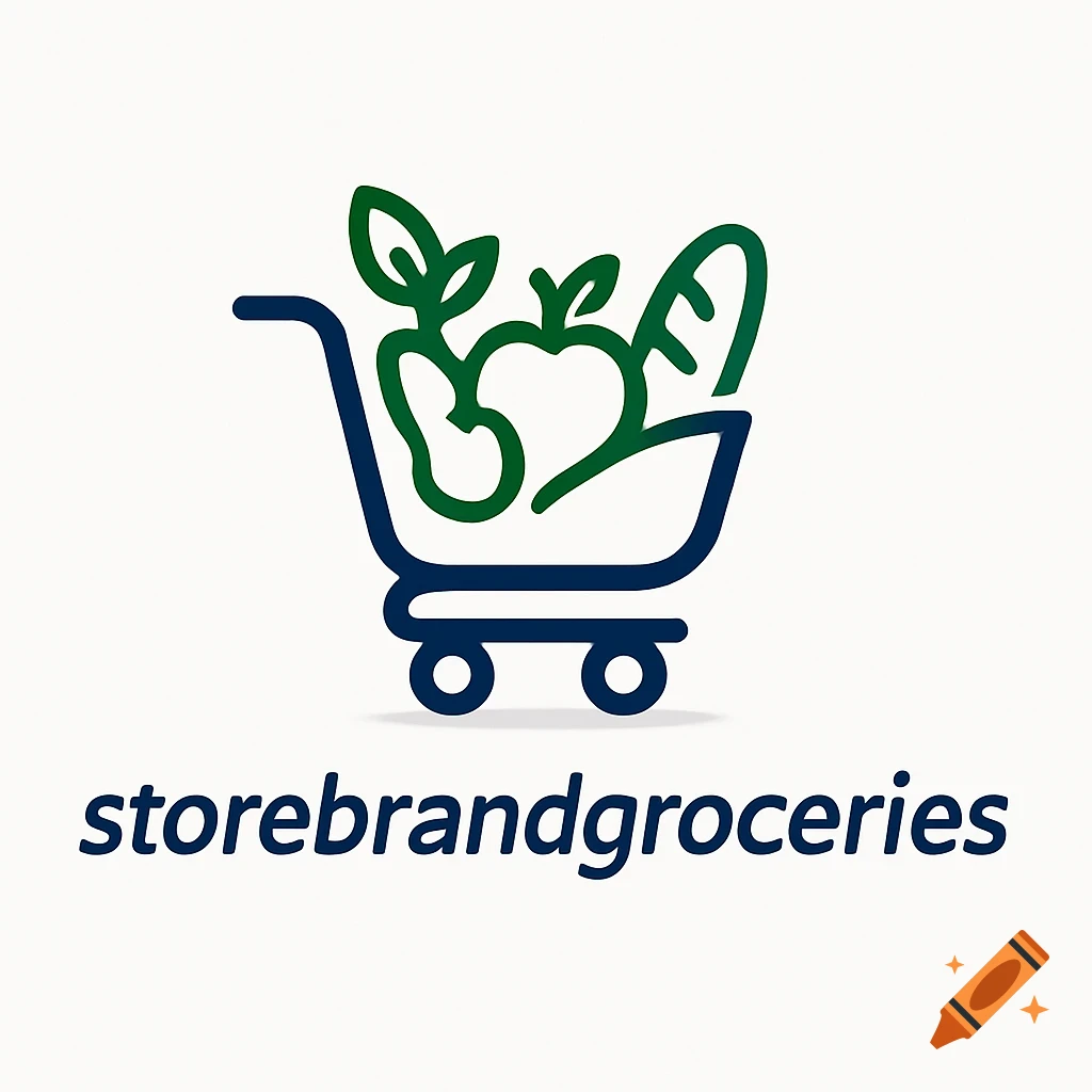 Minimalist logo featuring a shopping cart with green groceries and the text 'storebrandgroceries' below.