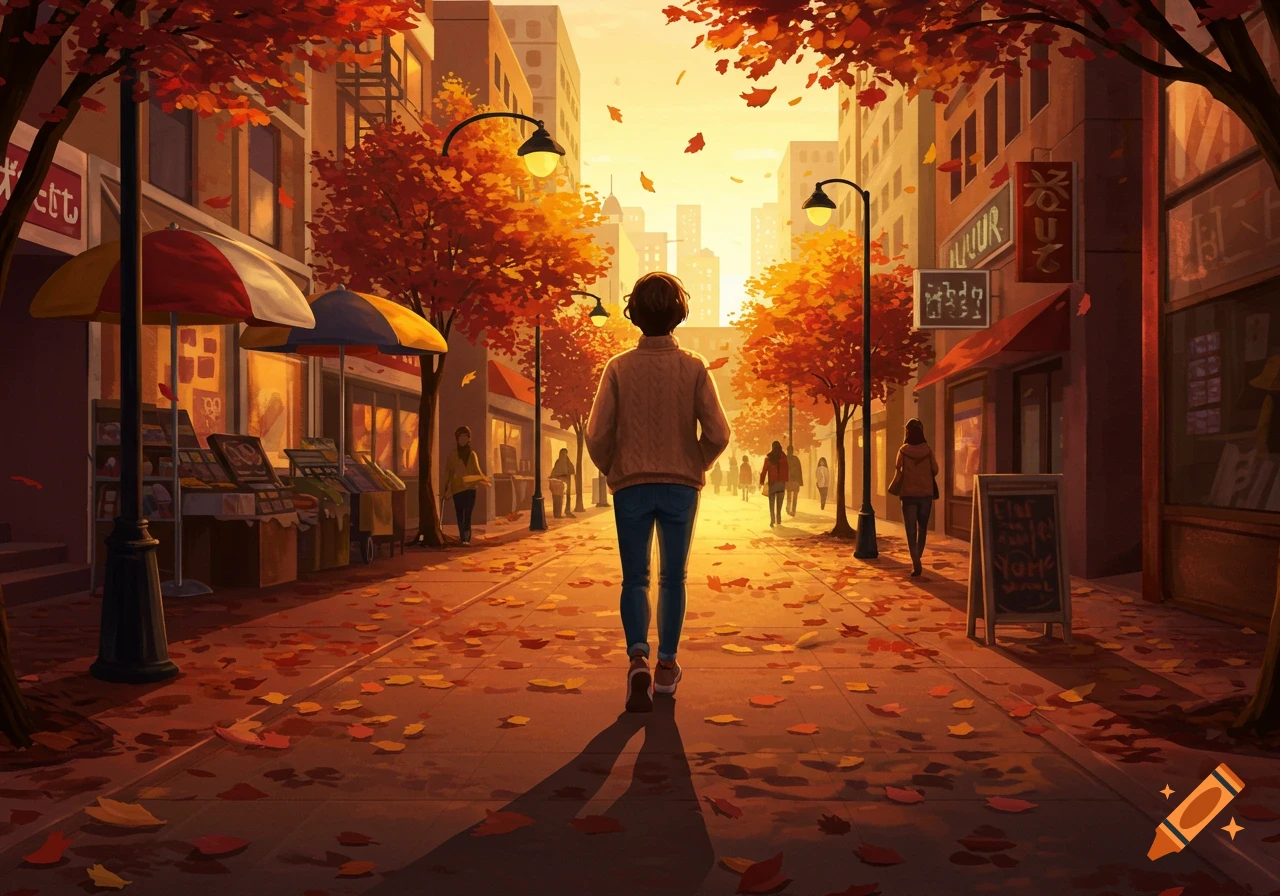 A person walks down an autumn city street at sunset, adorned with fallen leaves and vibrant trees, with buildings lining the path.