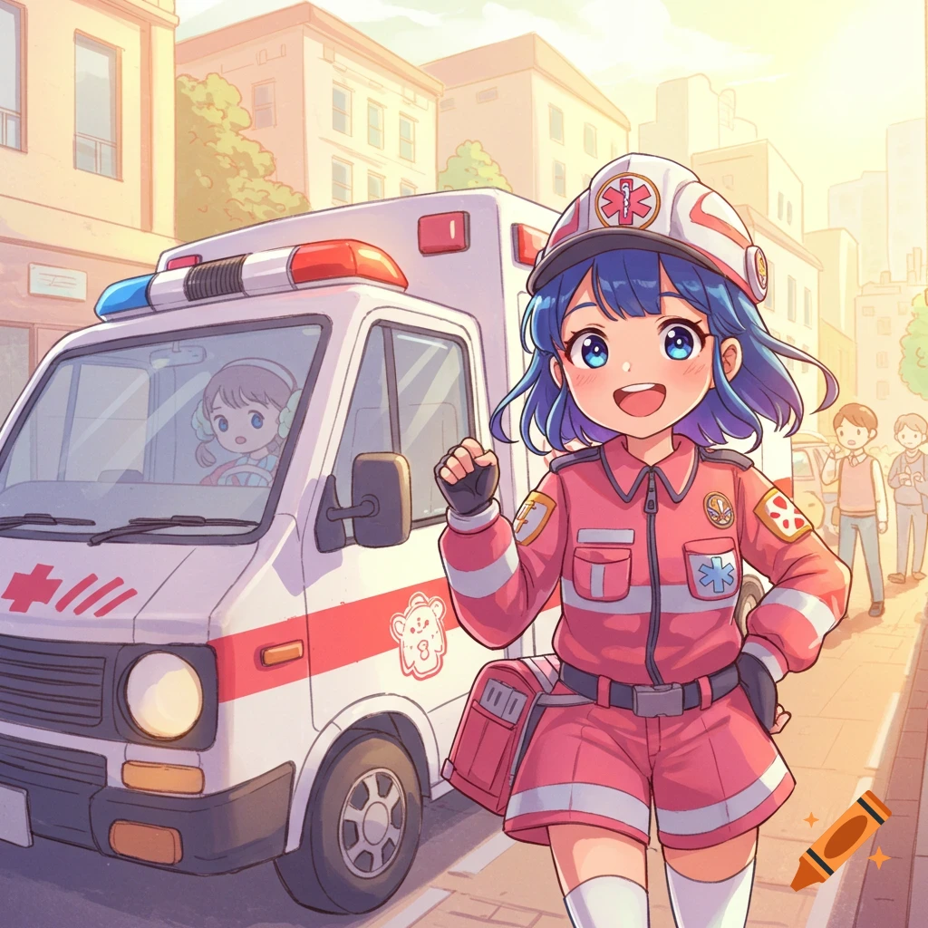 An anime-style girl in a pink paramedic uniform stands smiling beside a white ambulance on a city street.
