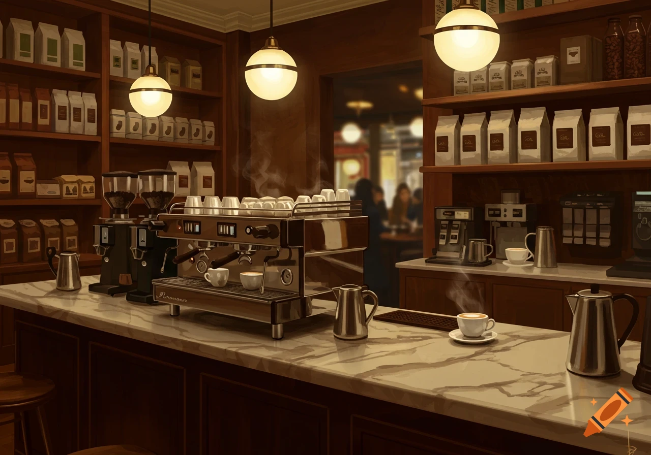A warm, inviting coffee shop interior with a shiny espresso machine on a marble counter, shelves of coffee bags, and ambient lighting.