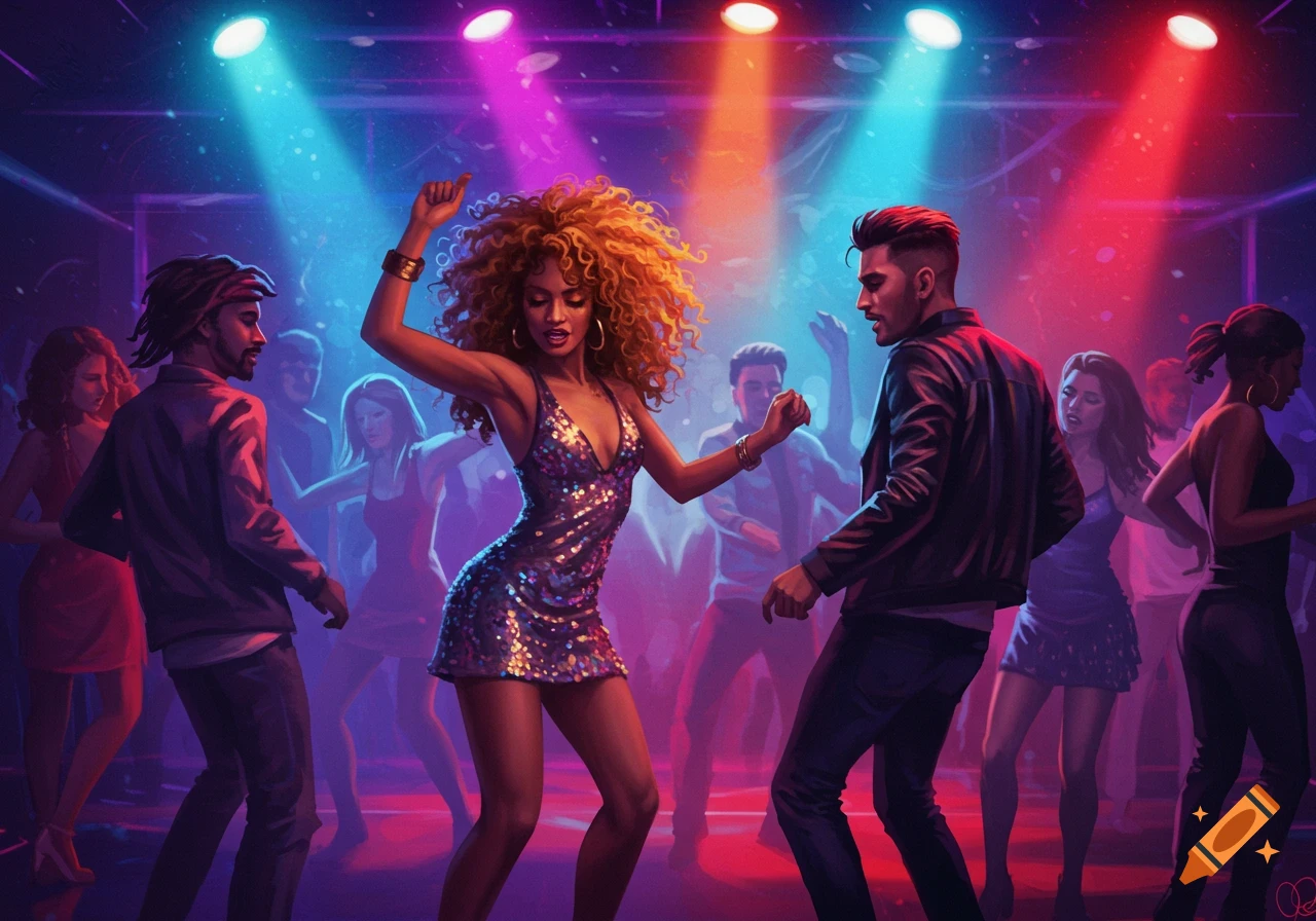People dancing under colorful spotlights in a vibrant nightclub scene, rendered in a detailed artistic style.