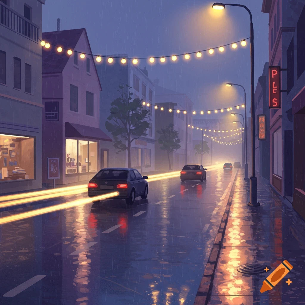 A digital painting of a rainy city street at night with cars driving, string lights overhead, and reflections on the wet pavement.
