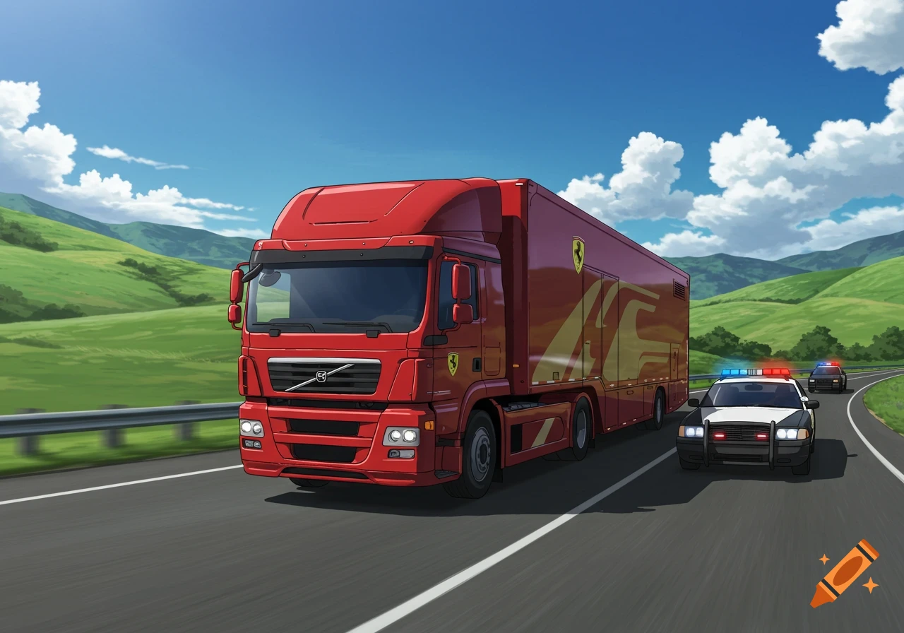 An anime-style illustration of a red Ferrari Formula 1 hauler truck driving on a highway, escorted by two black and white police cars with flashing lights, through lush green hills under a blue sky with dramatic clouds.