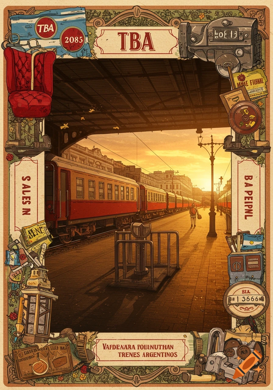 An elaborate, vintage-style illustration of a train station at sunset, framed by decorative elements including a red armchair, tickets, and camera equipment. Red and white trains are on the tracks, with a person walking on the platform. Text on the frame includes 'TBA' and 'TRENEES ARGENTINOS'.