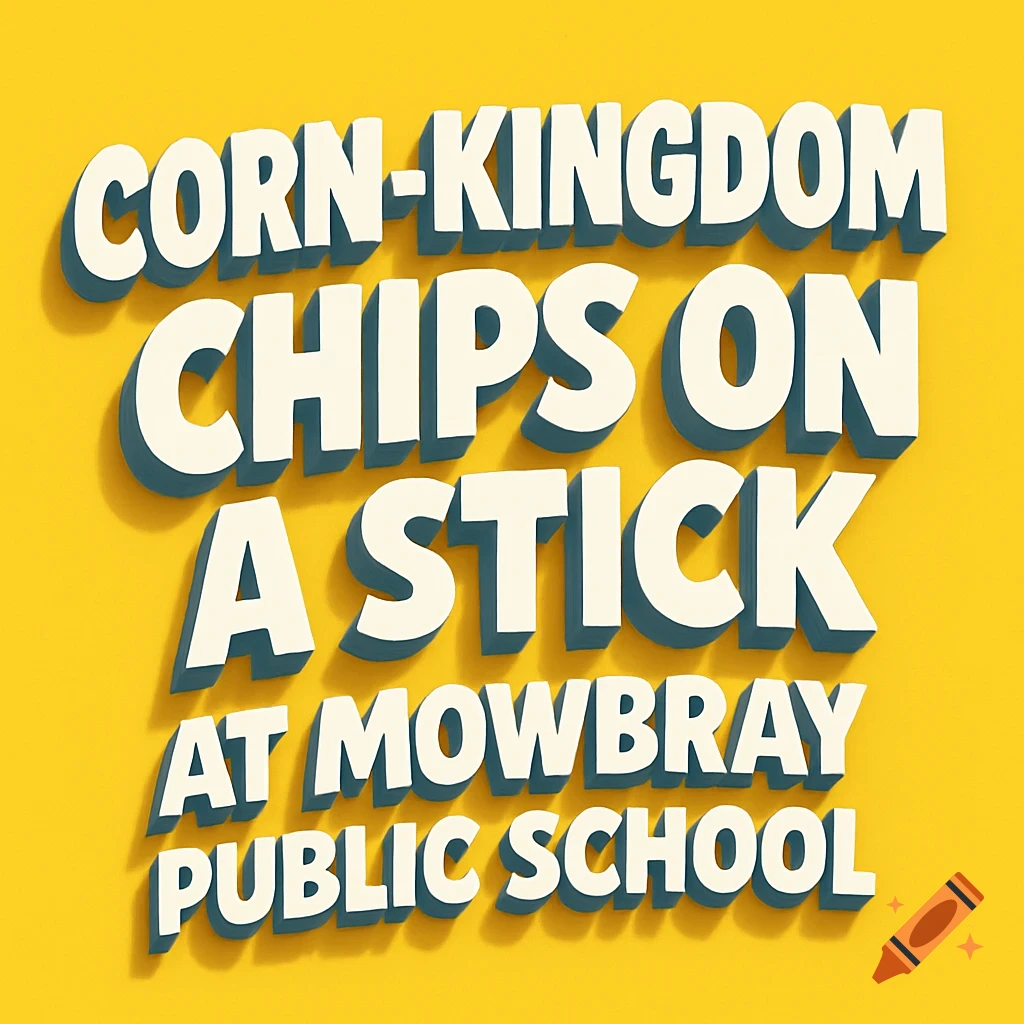3D text 'CORN-KINGDOM CHIPS ON A STICK AT MOWBRAY PUBLIC SCHOOL' in white with blue shadows on a yellow background.