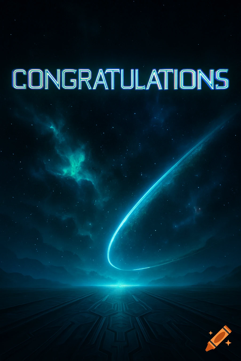Glowing blue 'CONGRATULATIONS' text over a dark starry sky with nebulae, a glowing arc, and a futuristic ground.