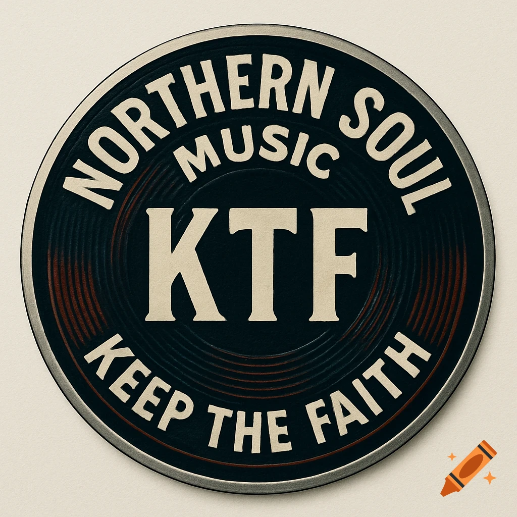 A black round record label with white text 'NORTHERN SOUL MUSIC KTF KEEP THE FAITH' and a vinyl groove texture.