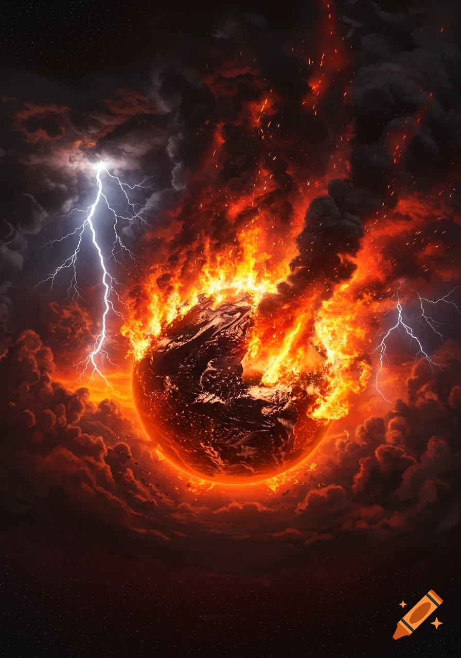 The Earth is engulfed in flames and dark smoke, with bright lightning striking across a stormy sky in space.