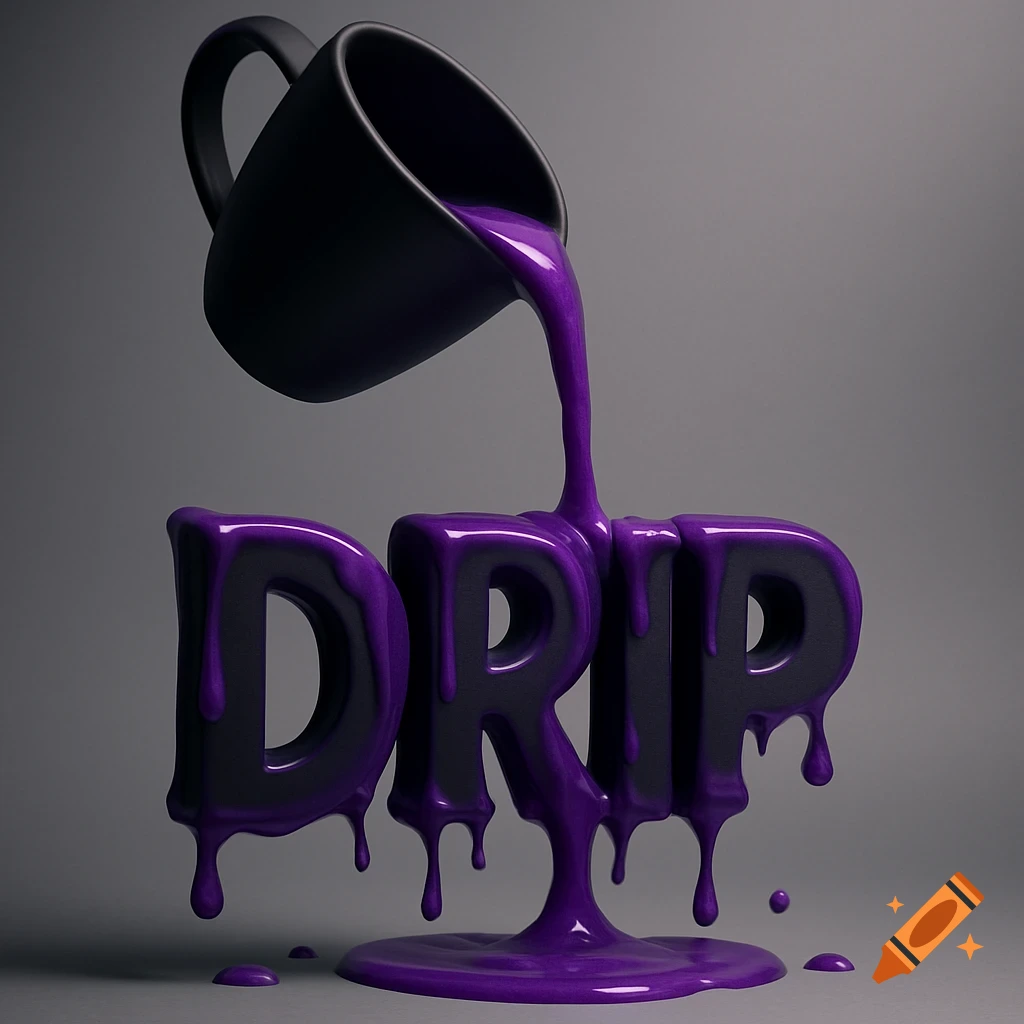 A black mug pours purple liquid onto black 3D letters spelling DRIP, with the liquid dripping off.