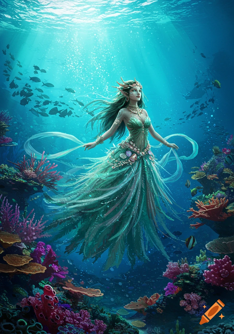 A majestic mermaid-like figure with flowing teal green hair and an ornate, shell-adorned dress swims gracefully amidst a vibrant coral reef under dappled sunlight.
