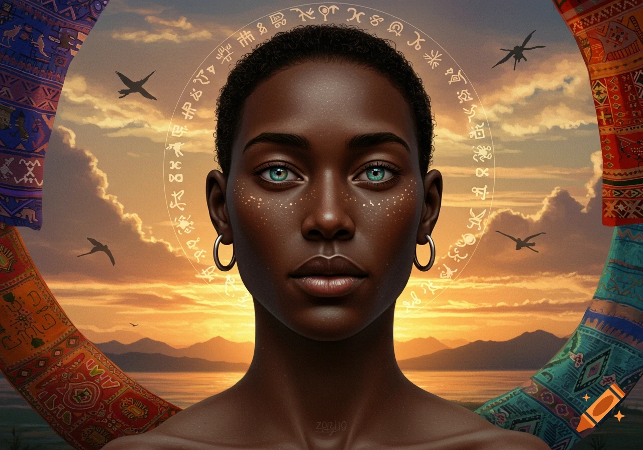 A close-up portrait of a person with dark skin and bright blue eyes, surrounded by a glowing halo of unreadable symbols, set against a sunset sky with birds and mountains. Colorful patterned fabric frames the sides.