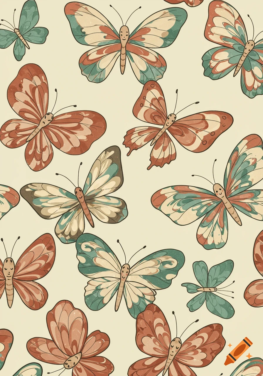 Whimsical pattern of butterflies with smiling faces in terracotta, cream, fern green, and muted turquoise colors.