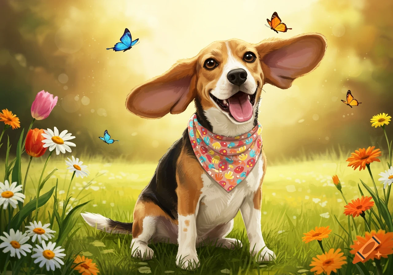 Happy beagle with floppy ears, tongue out, and colorful bandana sits in a sunlit field with flowers and butterflies. Illustrated.
