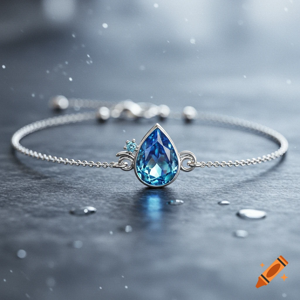 Silver bracelet with a large blue tear-drop gemstone and smaller accent gems on a dark, wet surface.