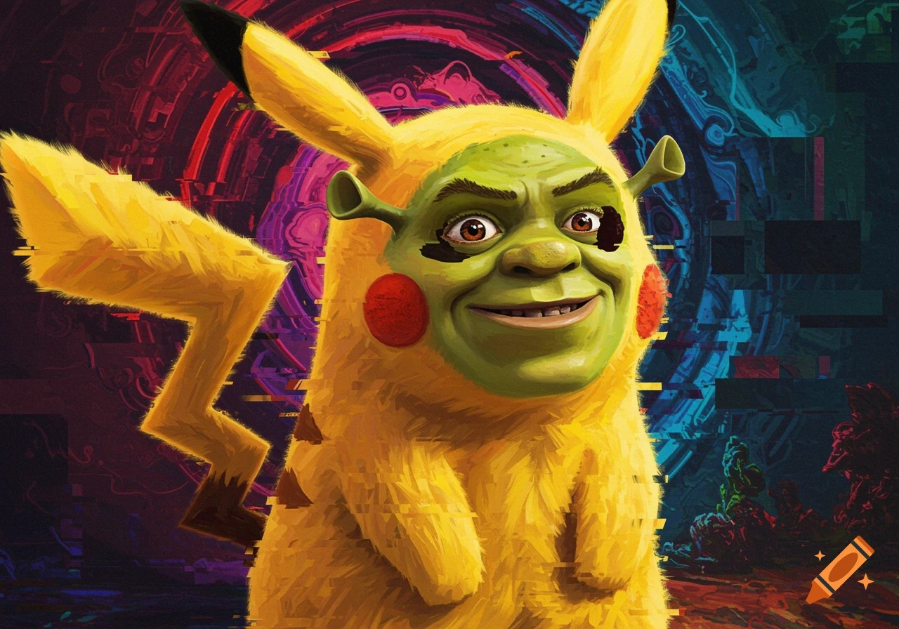 A grotesque, smiling Shrek face on a yellow Pikachu body with red cheeks and black-tipped ears, set against a glitch art background.