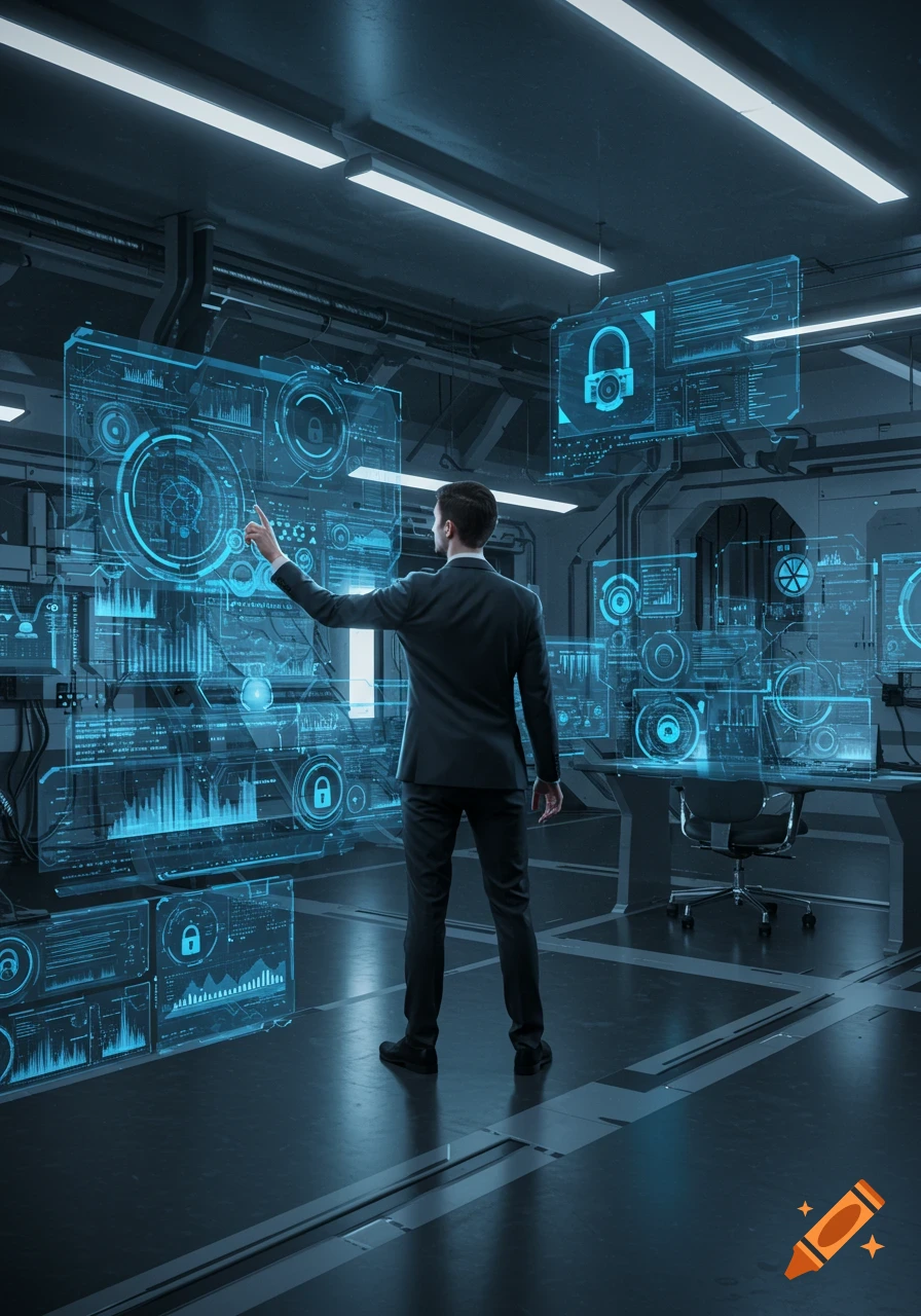 A man in a suit interacting with multiple holographic screens displaying data and security icons in a dark, futuristic control room.