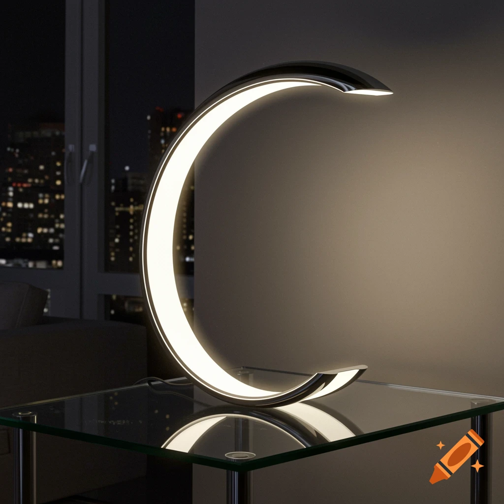 A modern, crescent-shaped lamp with a sleek design illuminates a room at night, casting light on a glass table.