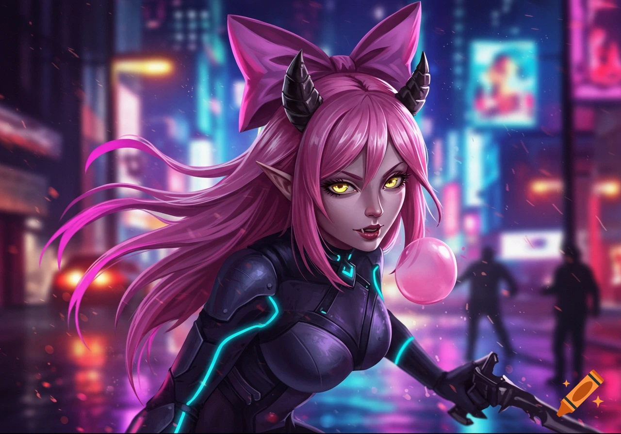 An anime-style demon girl with pink hair, horns, and yellow eyes blows pink bubblegum in a neon cyberpunk city street.