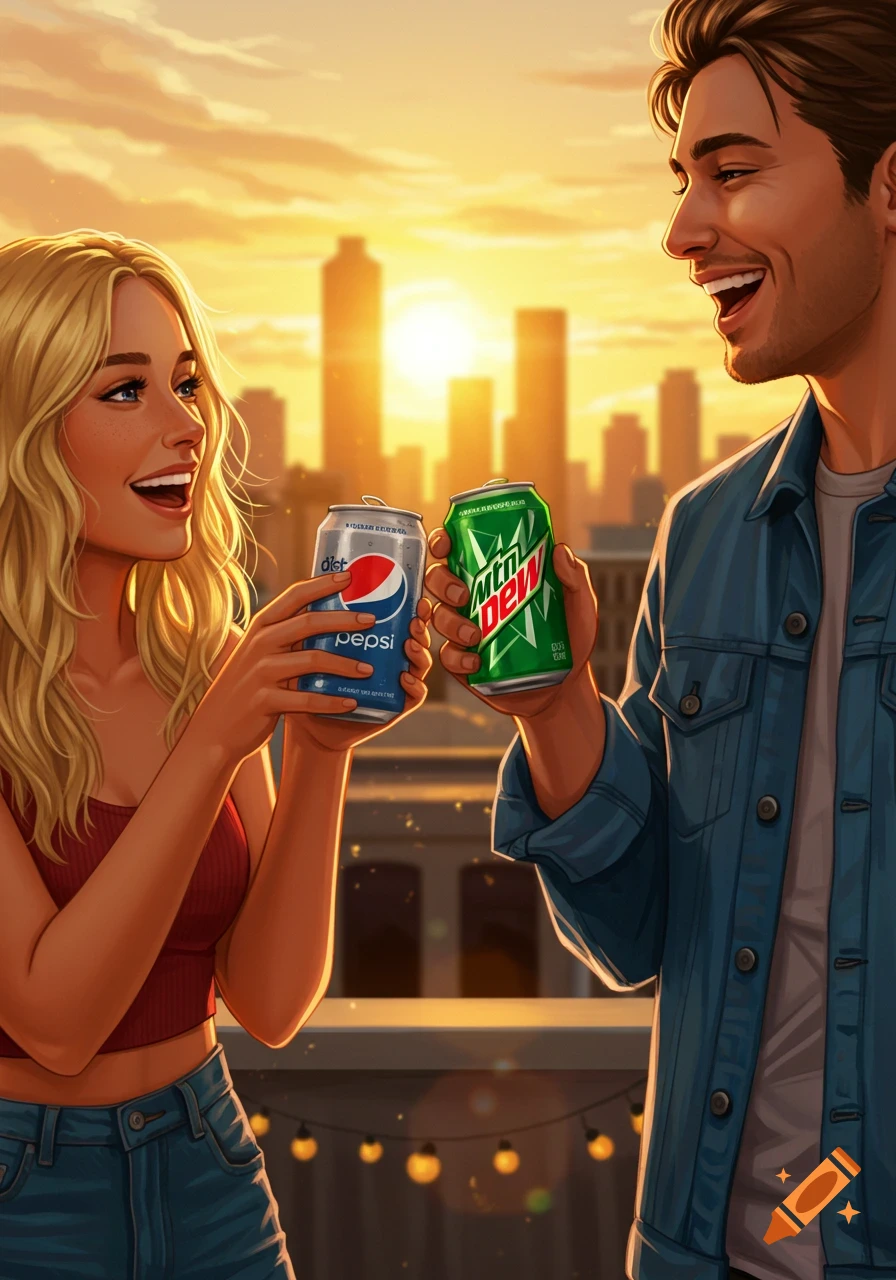 Smiling blonde woman and man toast with Diet Pepsi and Mountain Dew cans on a rooftop at sunset, cityscape in background, illustrated.
