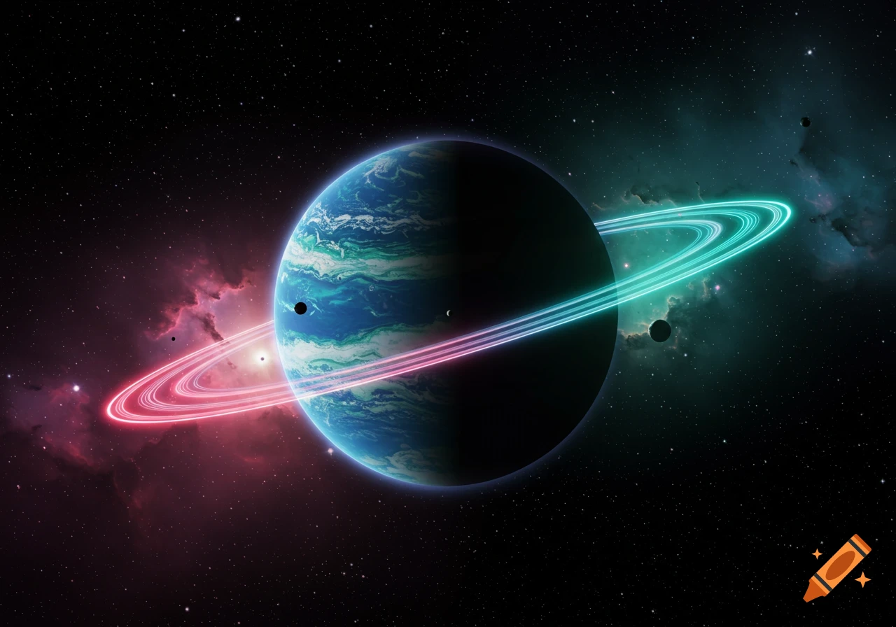 A vibrant planet with glowing pink and cyan rings against a dark starry sky with colorful nebulae.