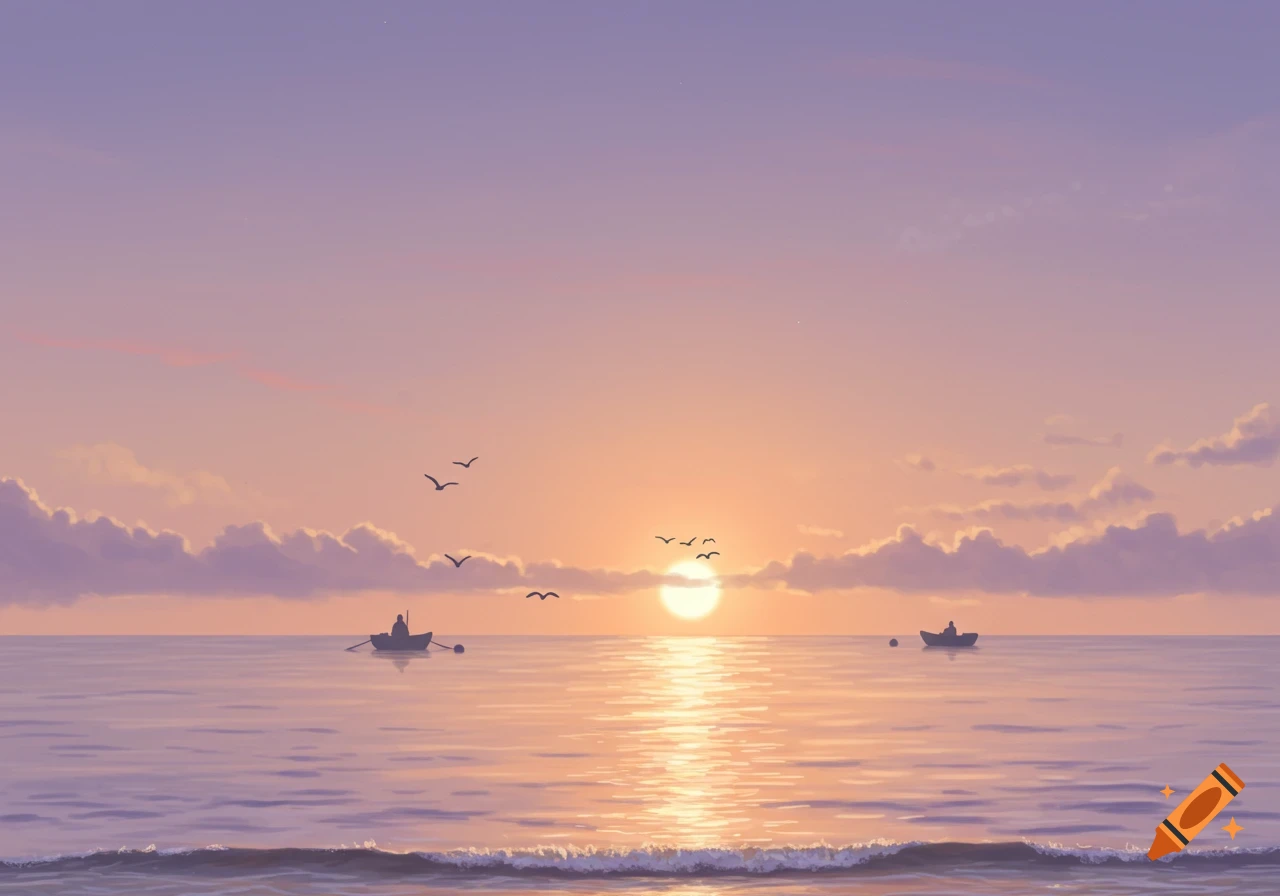 A serene pastel sunset over the sea with two small boats and birds flying above the horizon.
