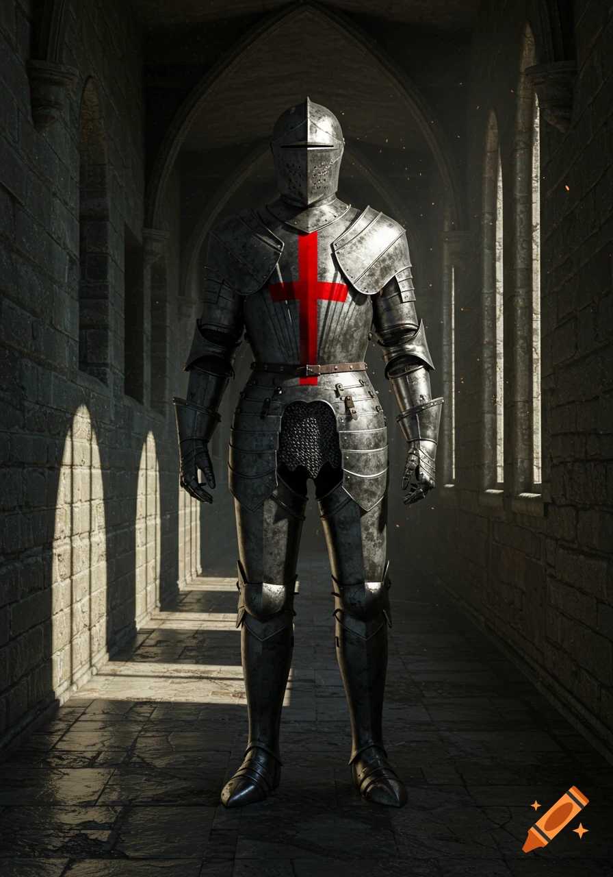 A knight in full silver armor with a red cross on the chest stands in a dark, vaulted stone hallway with light streaming in from windows.
