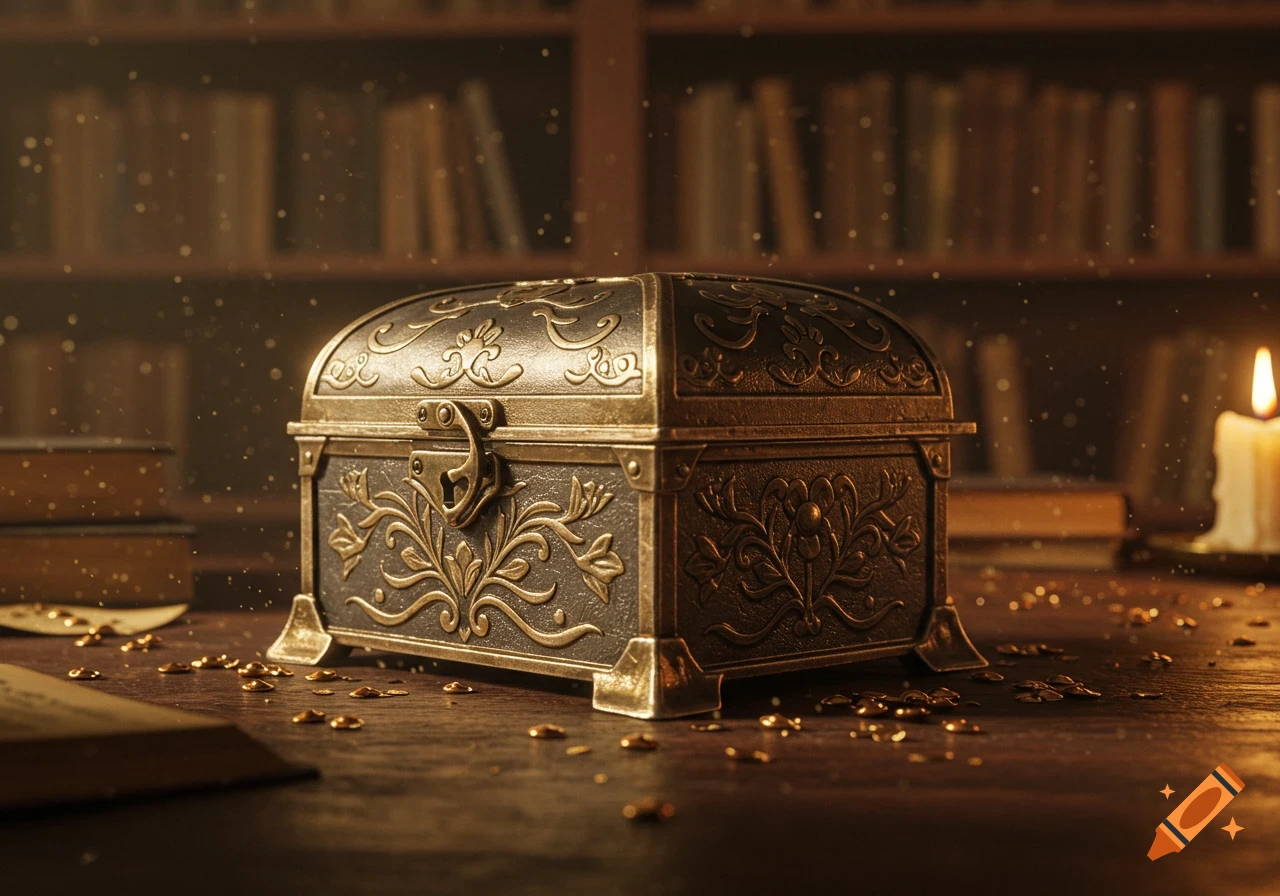 An ornate, antique brass and dark metal chest sits on a wooden table, illuminated by a candle, with blurred bookshelves in the background.