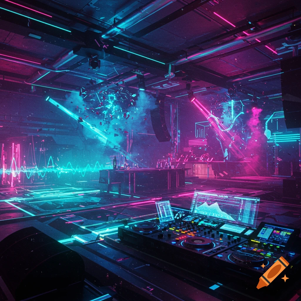 A futuristic nightclub scene with vibrant neon pink and blue lights, a DJ setup in the foreground, and dynamic energy effects.
