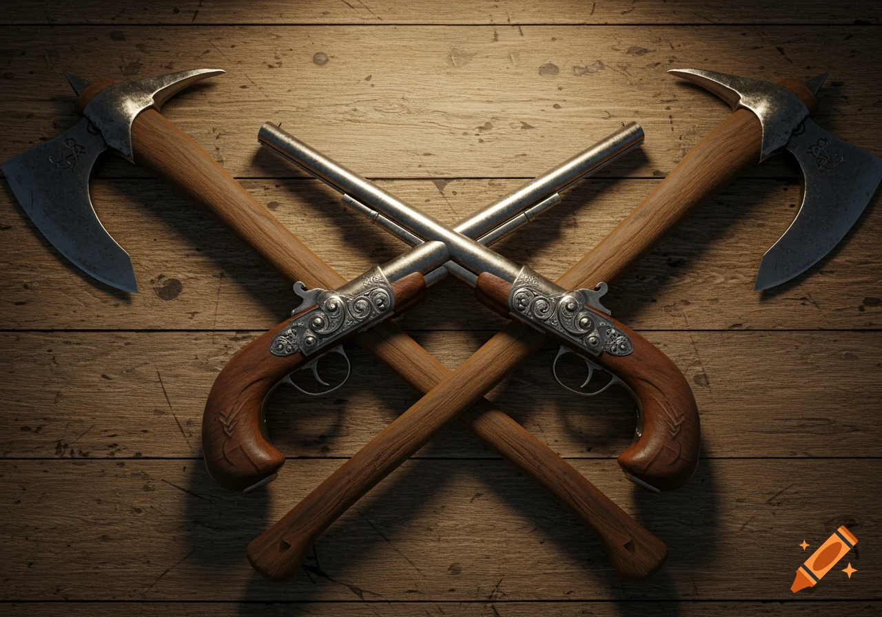 Two crossed flintlock pistols and two tomahawks on a wooden surface in a photorealistic style.