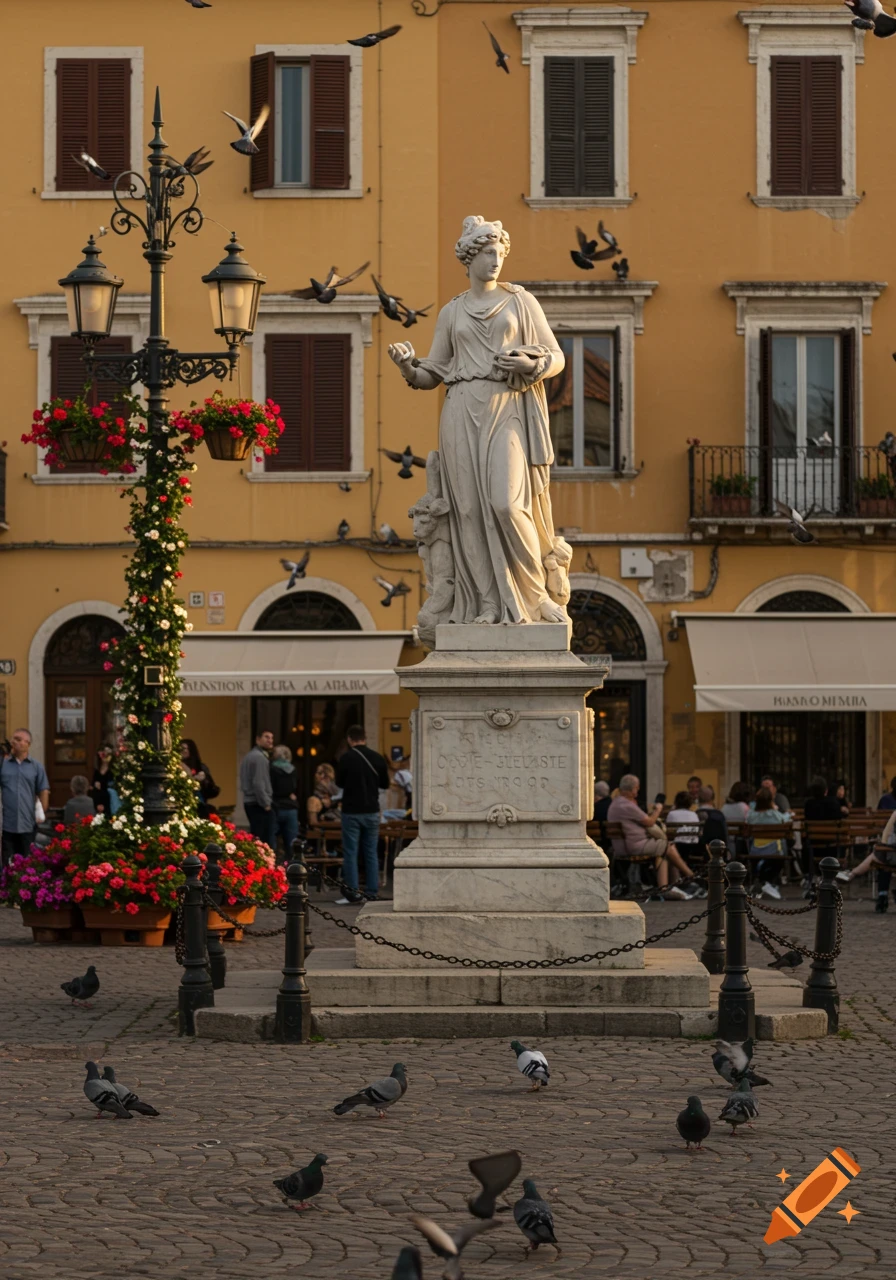 A white statue of a woman stands in a European city square with people and pigeons, surrounded by old buildings and a flower-decorated lamppost.