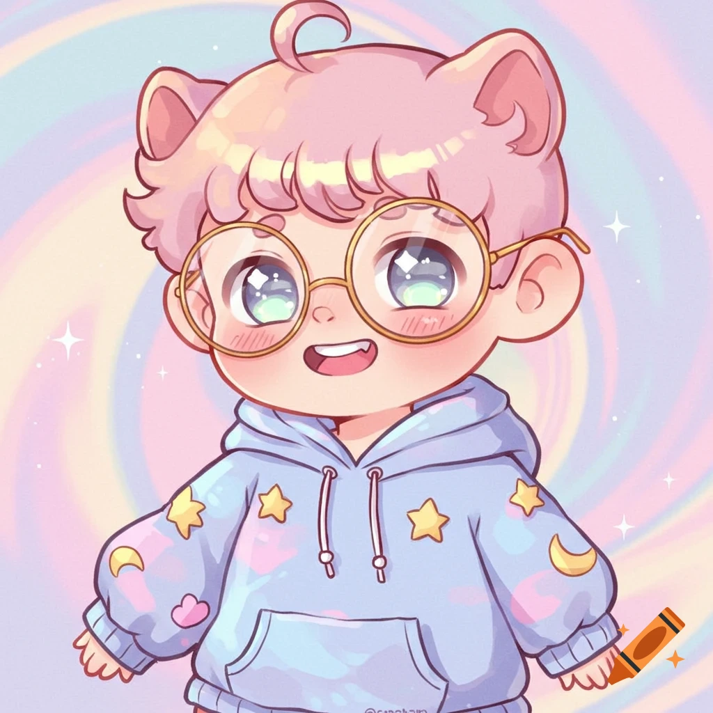 A cute chibi character with pink hair and cat ears, wearing round glasses and a pastel blue hoodie decorated with stars and moons, set against a swirly pastel background.