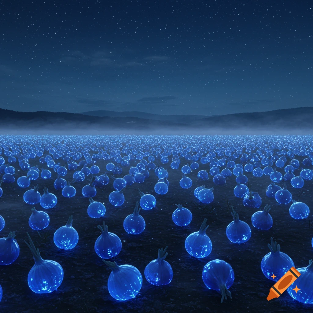 A vast field of glowing blue onions under a dark, starry night sky with misty mountains in the distance.