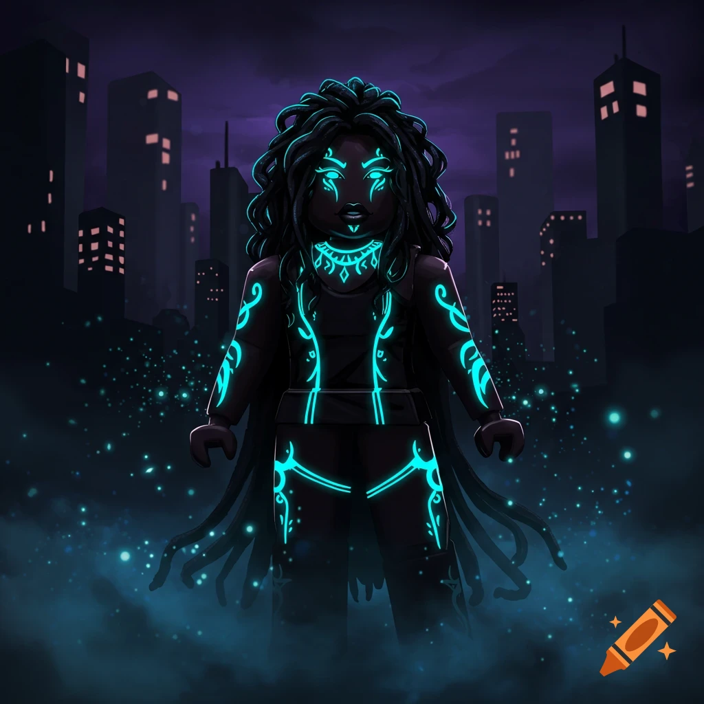 A dark-skinned Roblox avatar with glowing blue tribal markings and eyes, standing in a dark, glowing city at night.