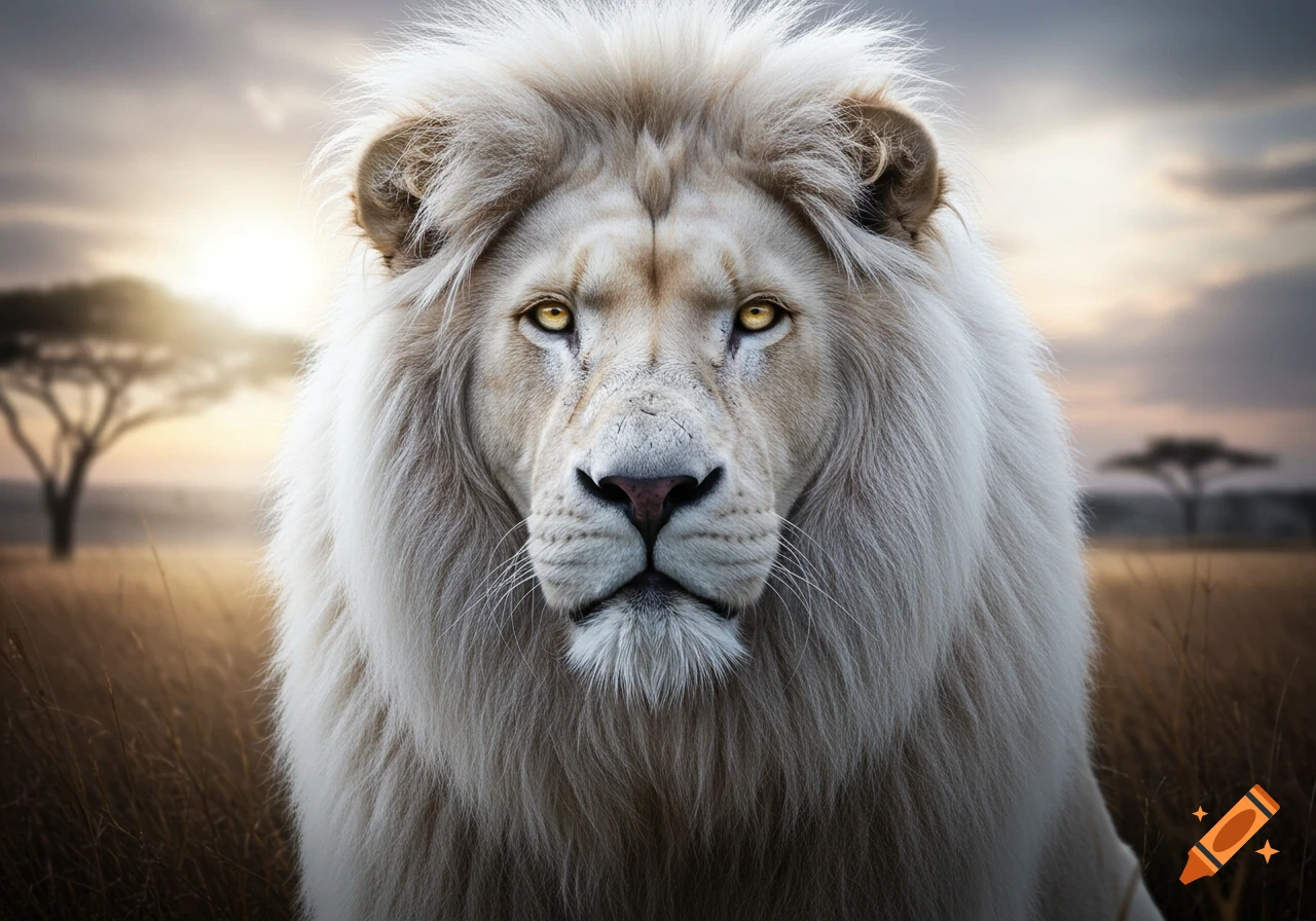 Photorealistic close-up of a majestic white lion looking straight on in a savanna at sunset.