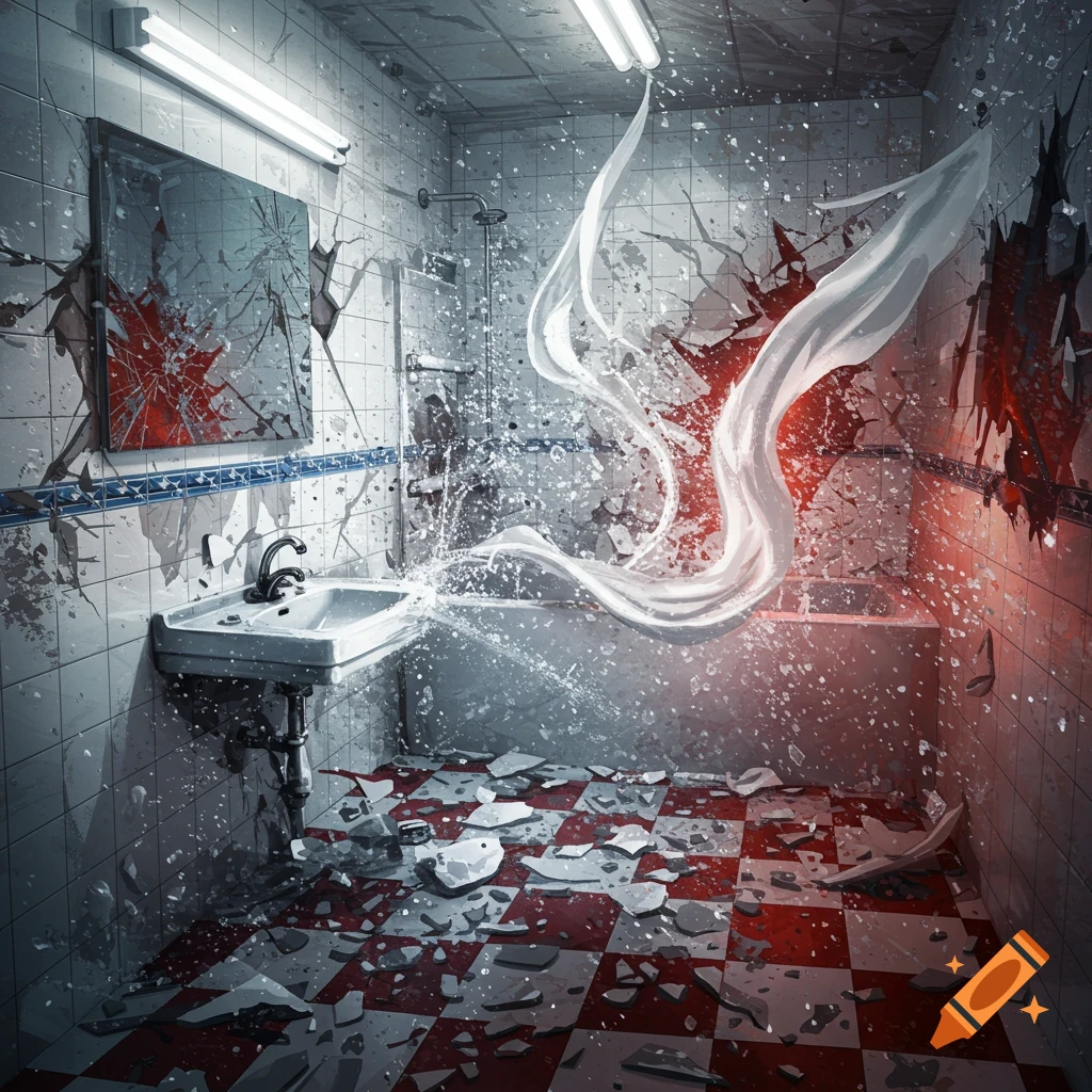 A violently destroyed bathroom with shattered tiles, a broken mirror with red splatters, and a flowing white fabric amidst splashing water and debris.