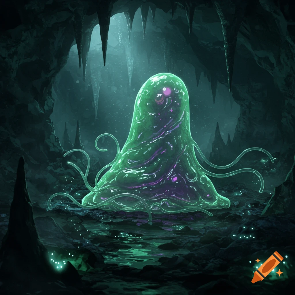 A large, glowing, green, translucent blob creature with tentacles sits in a dark, mysterious cave with stalactites and glowing fungi.