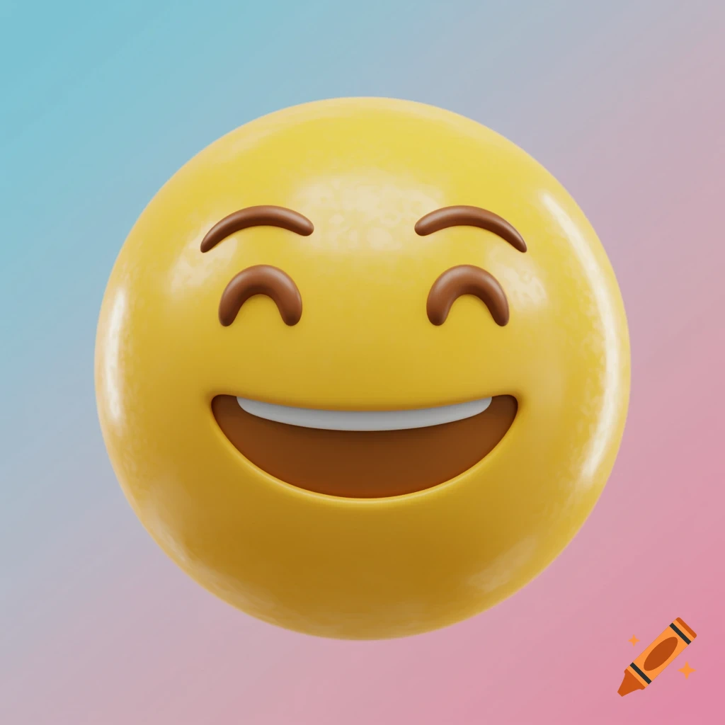 A 3D rendering of a happy yellow emoji with closed eyes and a wide smile, set against a pink and blue gradient background.