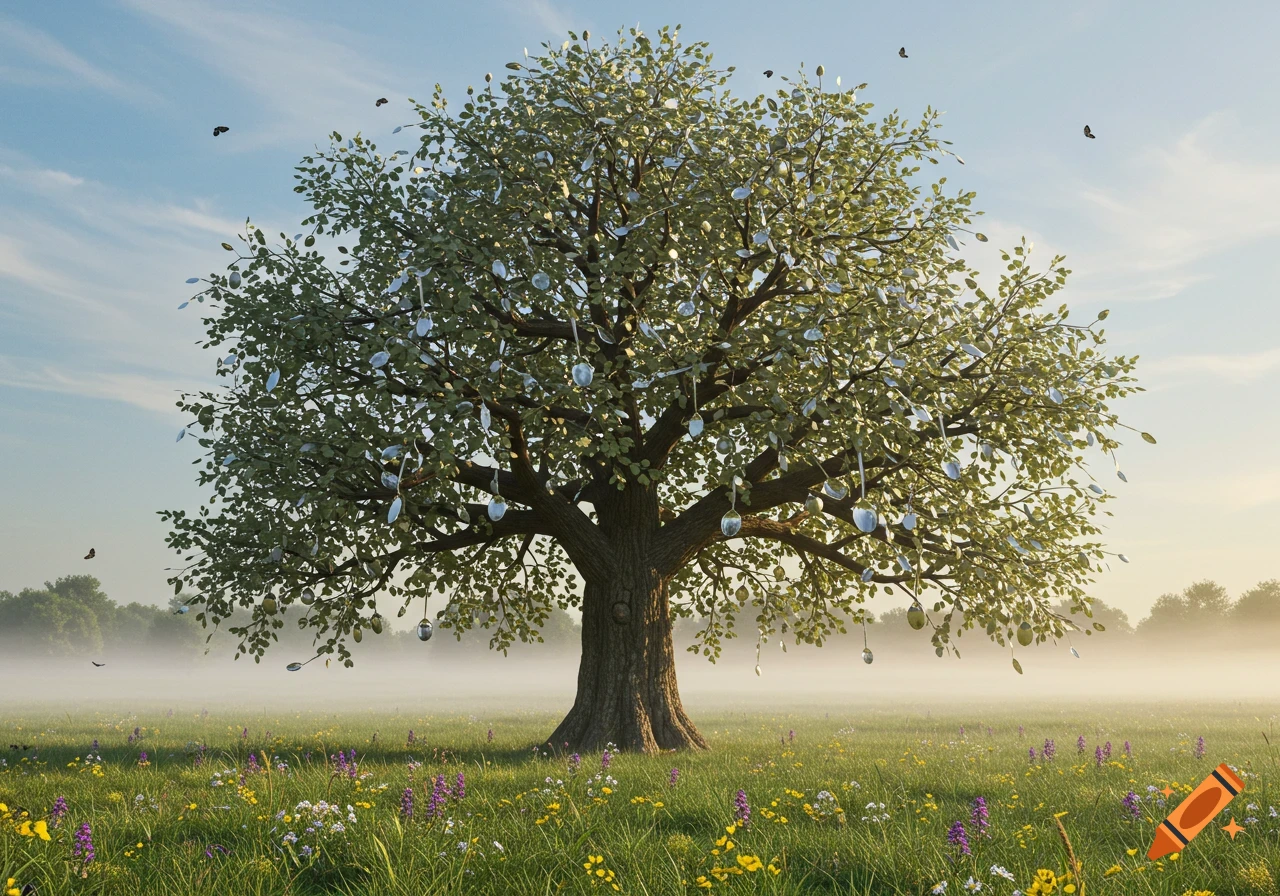 A photorealistic image of a large tree with silver spoons hanging from its branches, standing in a misty field of wildflowers under a blue sky.