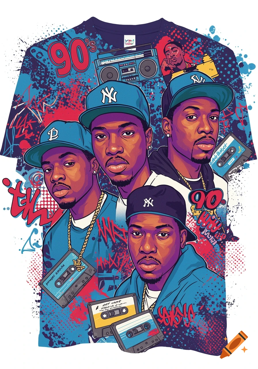 A vibrant 90s hip hop t-shirt design featuring cartoon men in caps, boomboxes, and cassette tapes with a colorful splatter background.