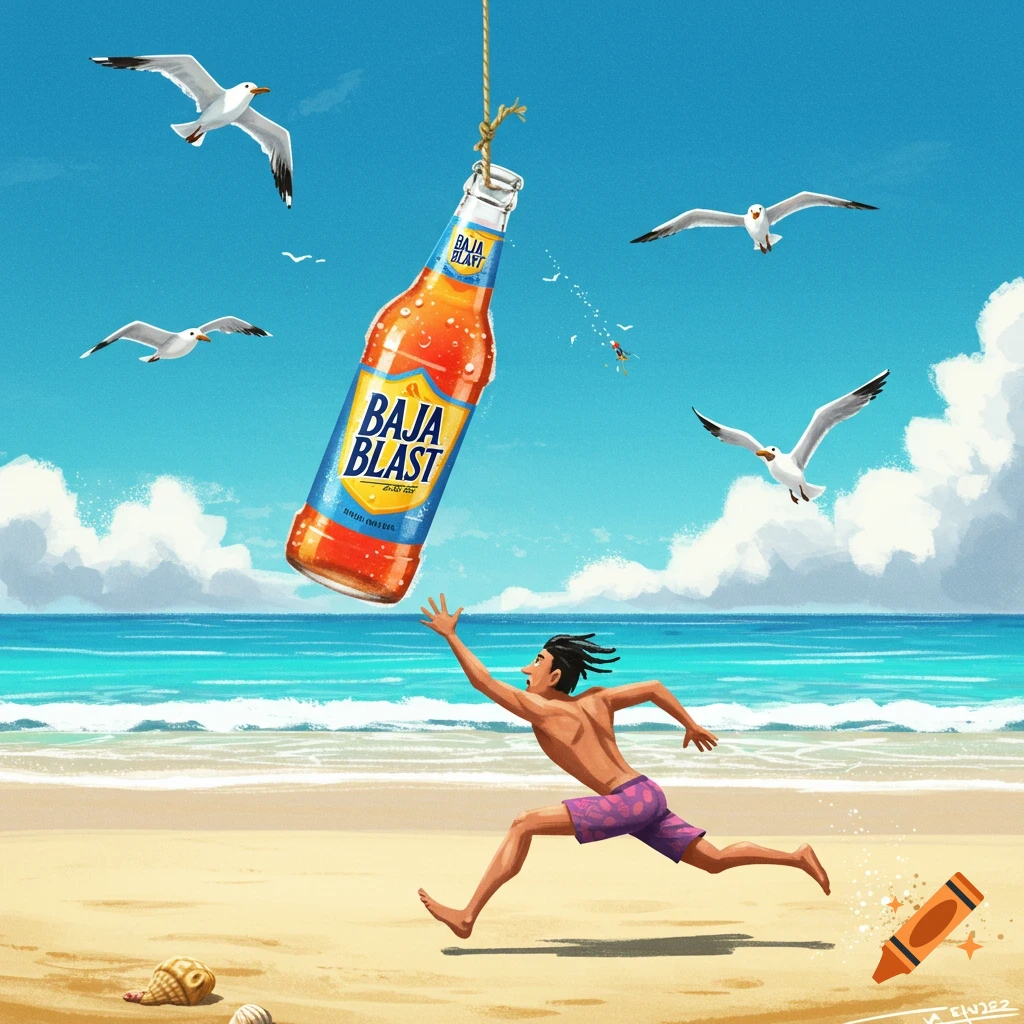 An illustration of a man running on a sunny beach, reaching for a giant Baja Blast bottle hanging from a fishing line as seagulls fly.