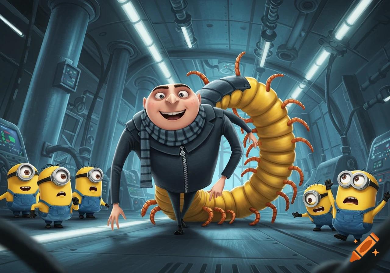 Gru, with a long centipede-like body, playfully crawls toward startled Minions in a blue laboratory.
