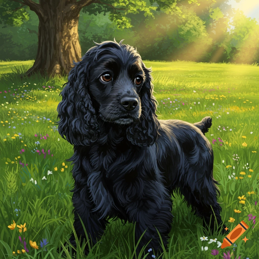 A black cocker spaniel stands in a green field with wildflowers and a large tree, bathed in golden sunlight.