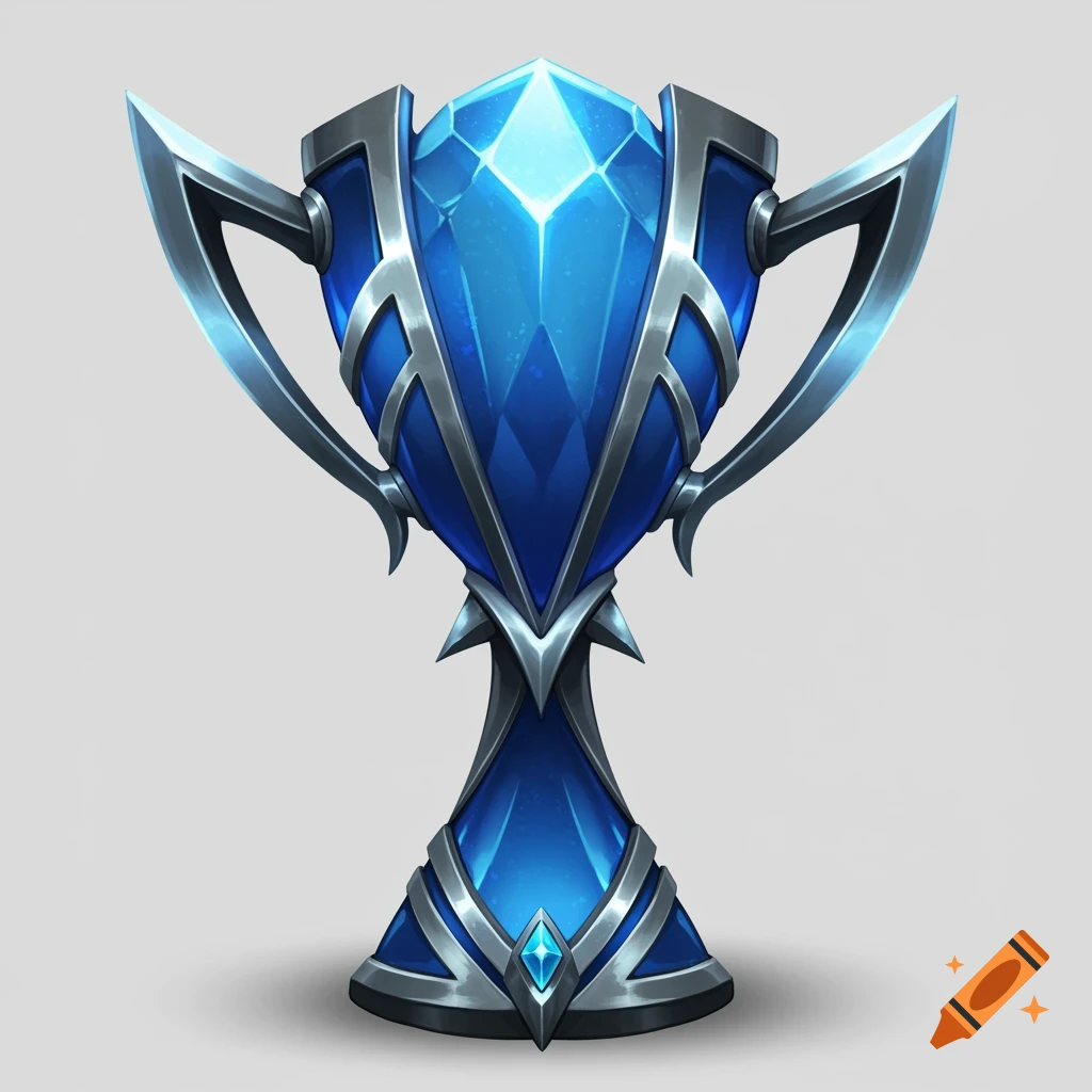 A stylized shining blue and silver trophy with sharp outlines on a plain background.