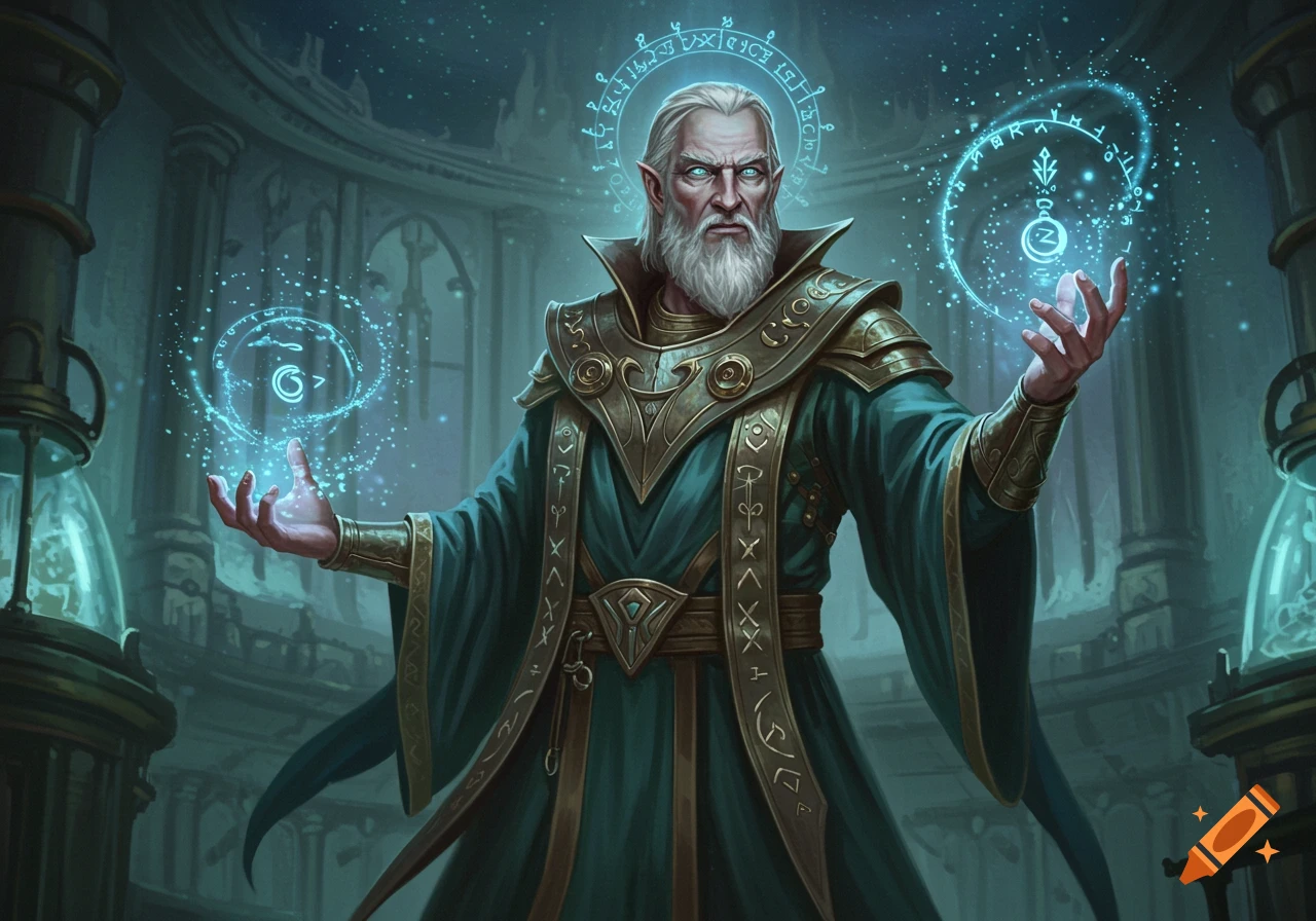 An old, white-bearded elf-like wizard with glowing blue eyes, wearing green and gold robes, casts a spell in a mysterious chamber.