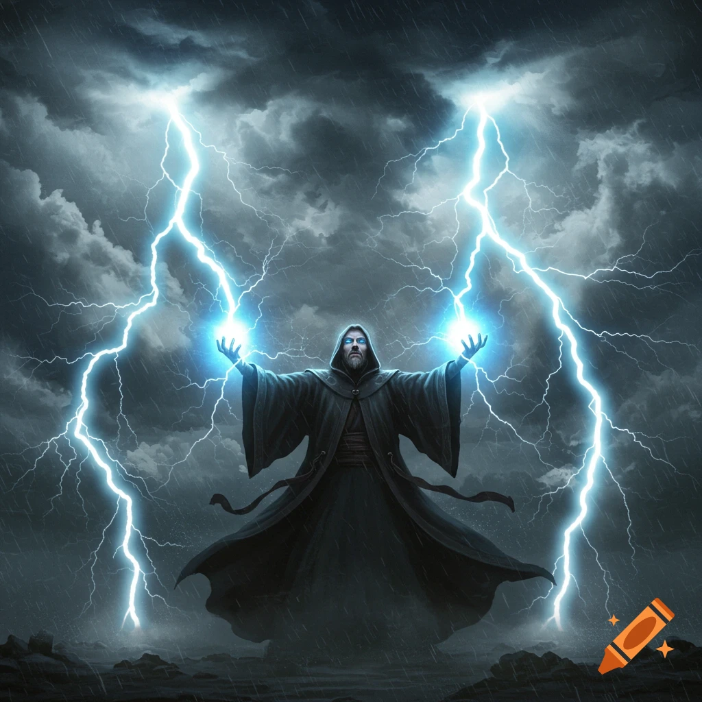 A powerful wizard in a dark cloak casts lightning bolts from his hands under a stormy, rainy sky.