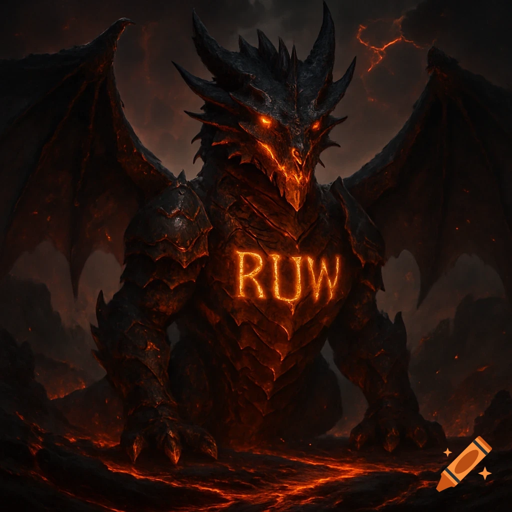 Armored black dragon with glowing red eyes and orange RUW on its chest, standing in a molten lava landscape.